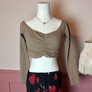 light brown off shoulder runched long sleeve crop top salty